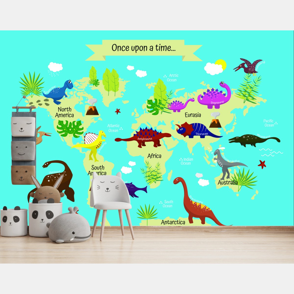 Wall mural once upon a time dinosaur world map • Wallissimo®