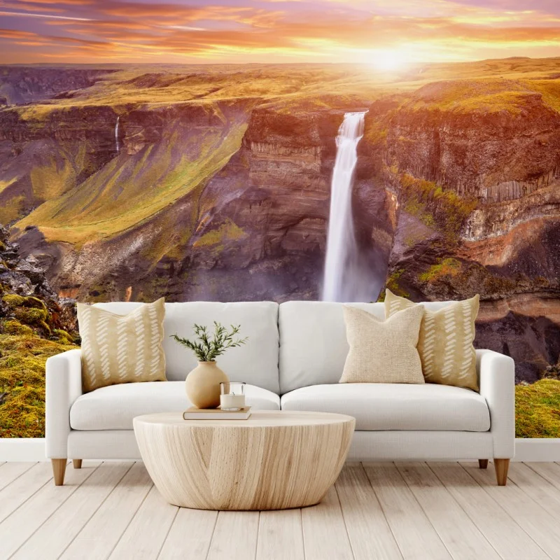 Wall mural Haifoss waterfall sunset panorama ⁕ Wallissimo®
