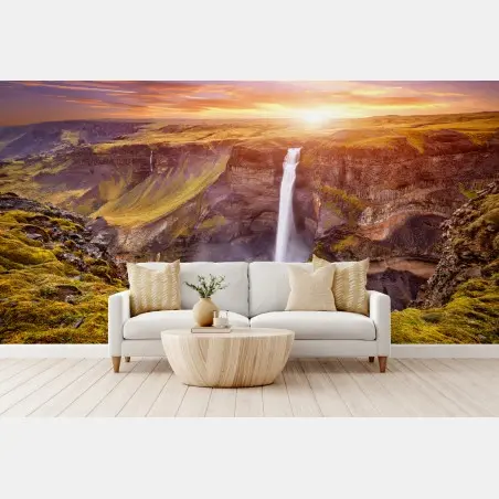Wall mural Haifoss waterfall sunset panorama • Wallissimo®