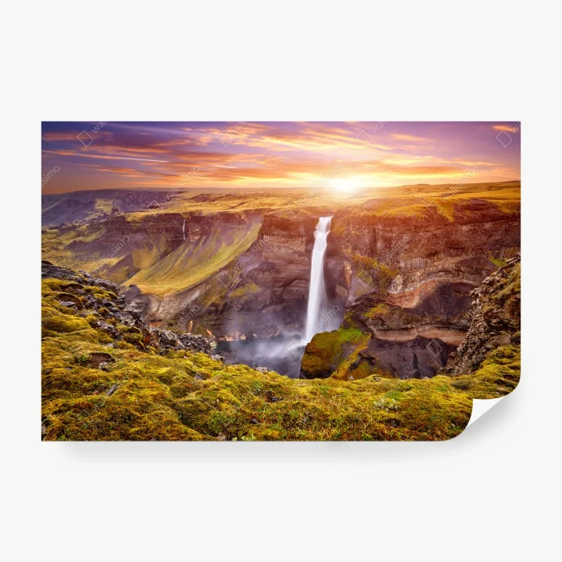 Wall mural Haifoss waterfall sunset panorama ⁕ Wallissimo®