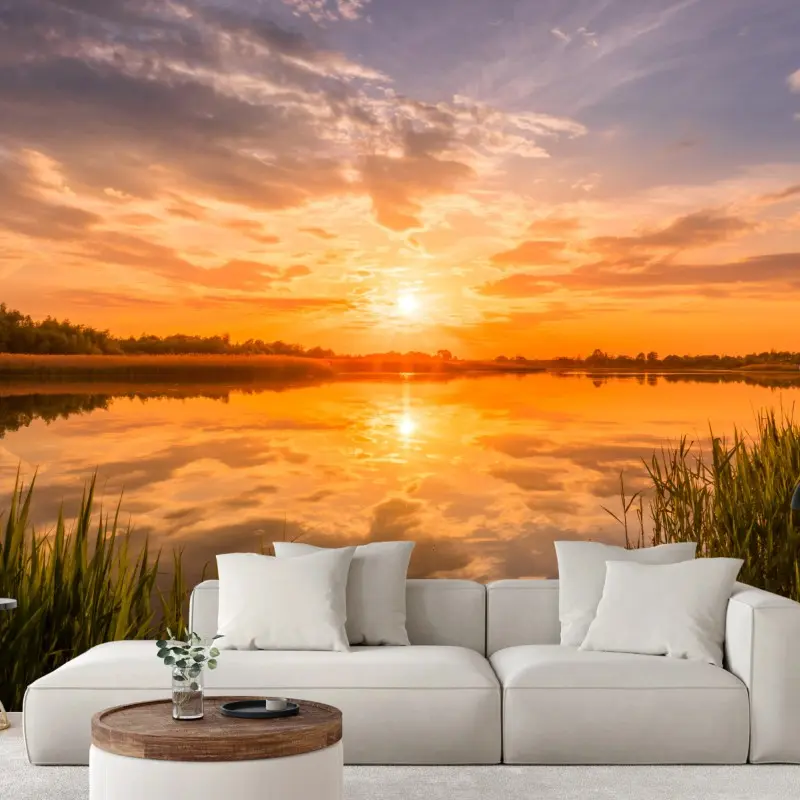 Wall mural golden sunset over tranquil lake