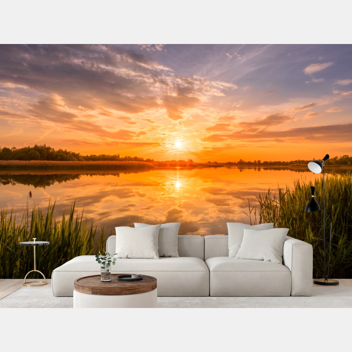 Wall mural golden sunset over tranquil lake • Wallissimo®