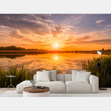 Wall mural golden sunset over tranquil lake • Wallissimo®