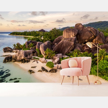 Wall mural Anse d'Argent tropical granite beach • Wallissimo®