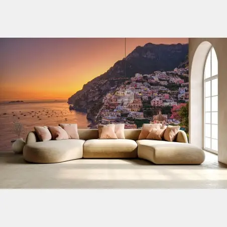 Wall mural sunset over Positano, Amalfi Coast • Wallissimo®