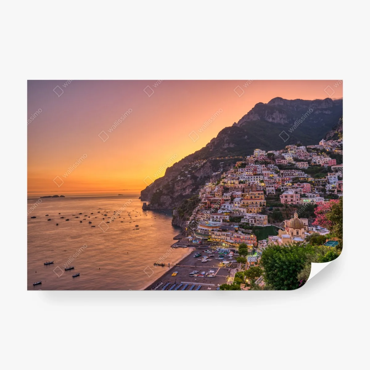 Wall mural sunset over Positano, Amalfi Coast • Wallissimo®