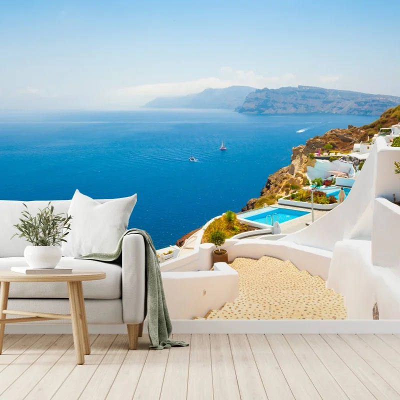 Wall mural Santorini coastal view with white architecture