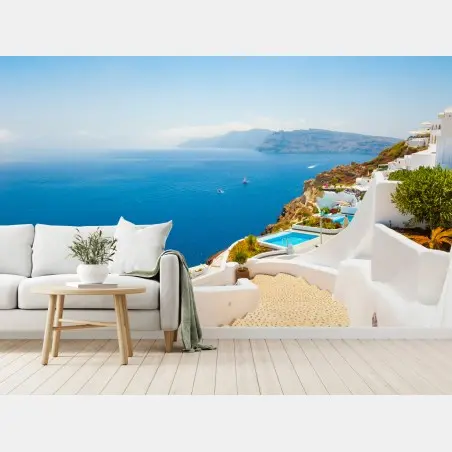 Wall mural Santorini coastal view with white architecture • Wallissimo®