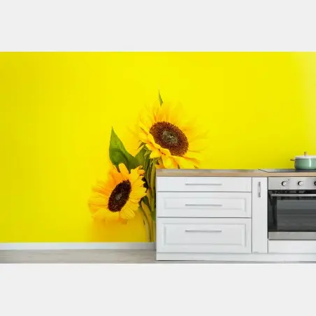Wall mural bright sunflower bouquet on yellow background • Wallissimo®