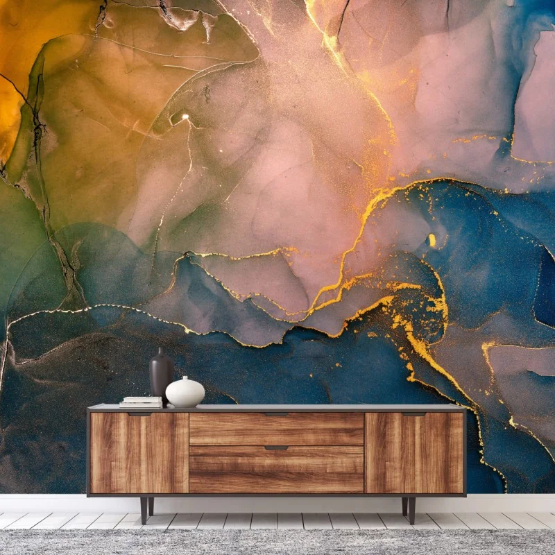 Wall mural blue and gold abstract marble pattern