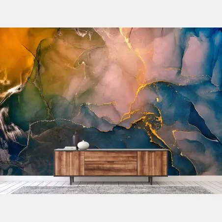 Wall mural blue and gold abstract marble pattern • Wallissimo®
