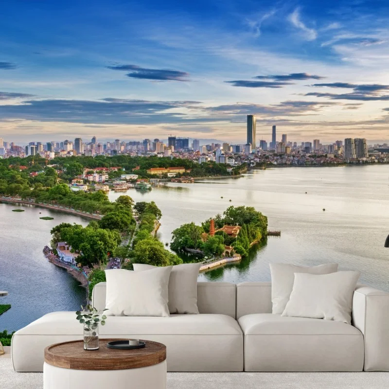 Wall mural tranquil lakeside cityscape at dusk