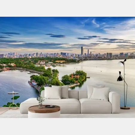 Wall mural tranquil lakeside cityscape at dusk • Wallissimo®