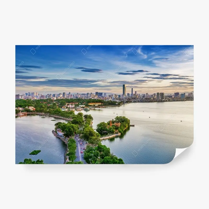 Wall mural tranquil lakeside cityscape at dusk