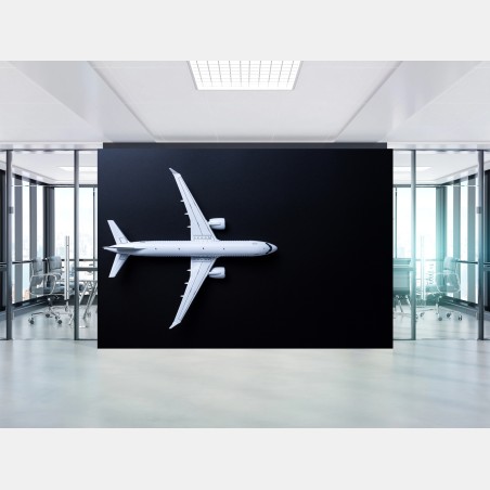 Wall mural white airplane top view on black background • Wallissimo®