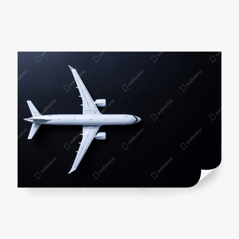 Wall mural white airplane top view on black background