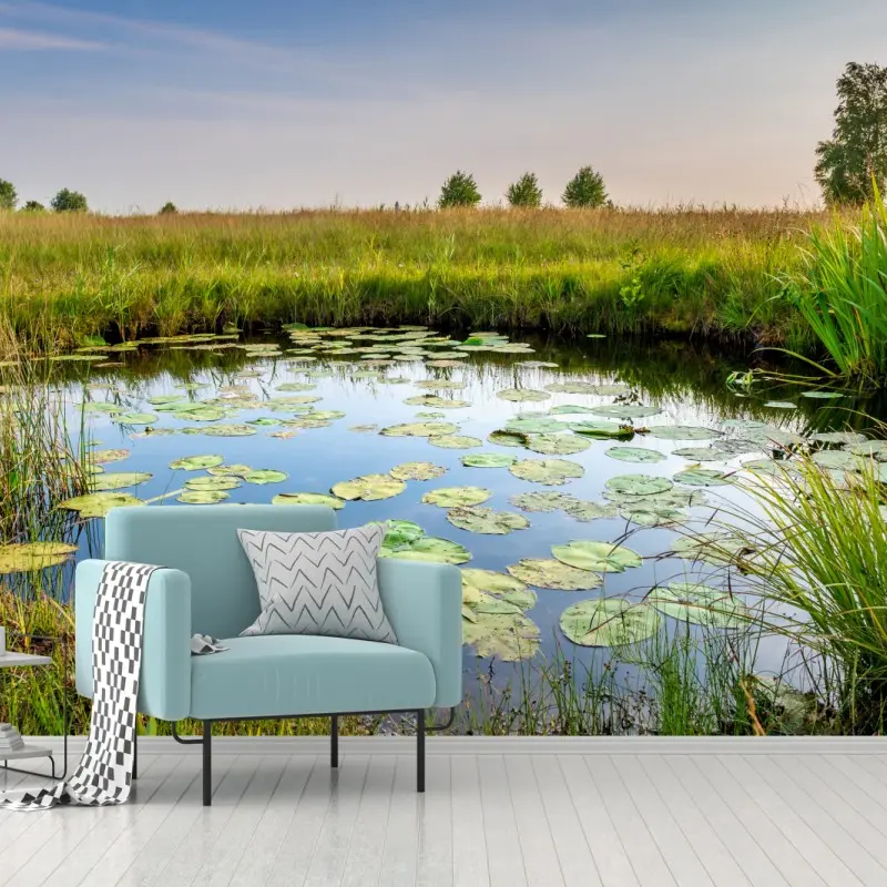 Wall mural tranquil lily pond in grassy meadow
