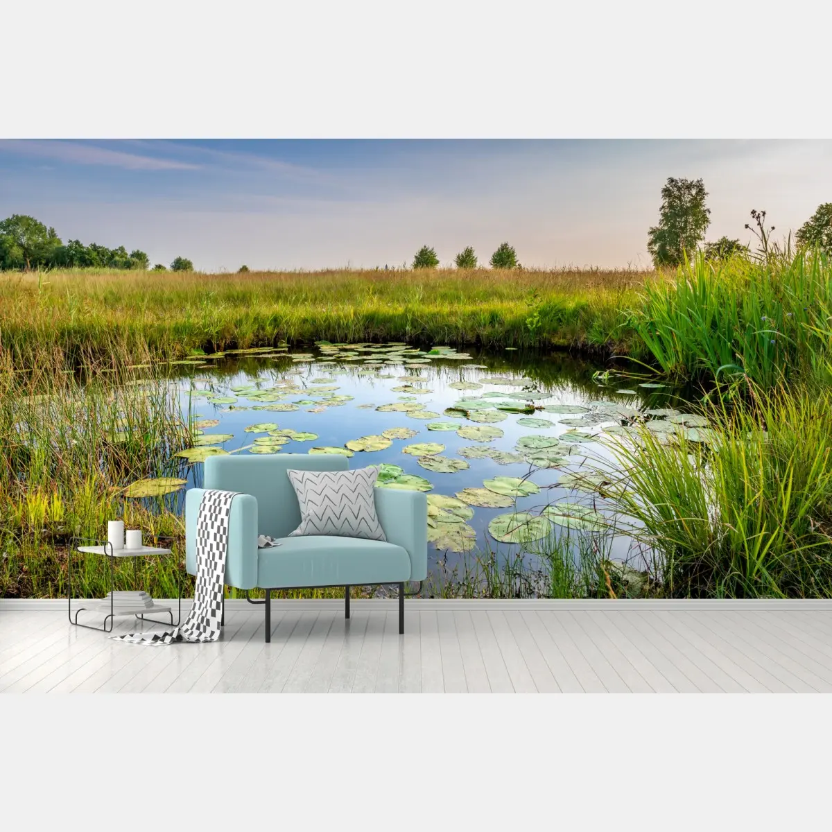 Wall mural tranquil lily pond in grassy meadow • Wallissimo®