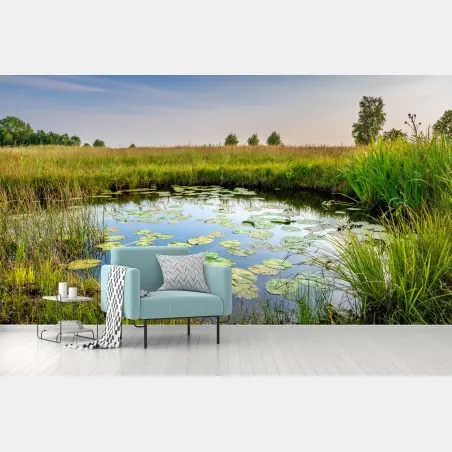Wall mural tranquil lily pond in grassy meadow • Wallissimo®