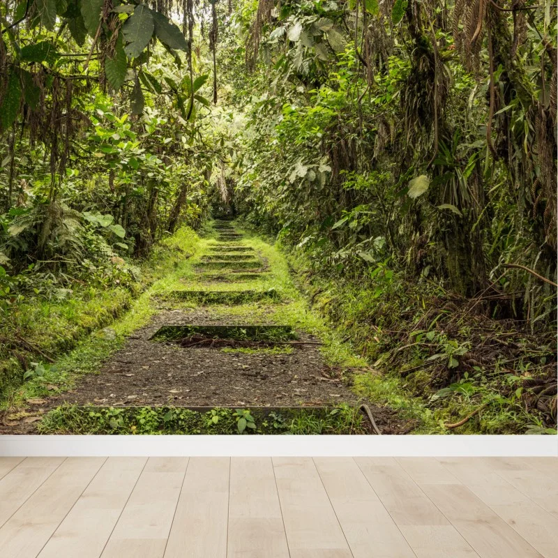 Wall mural lush jungle pathway through verdant rainforest