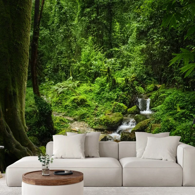 Wall mural lush green forest waterfall ⁕ Wallissimo®