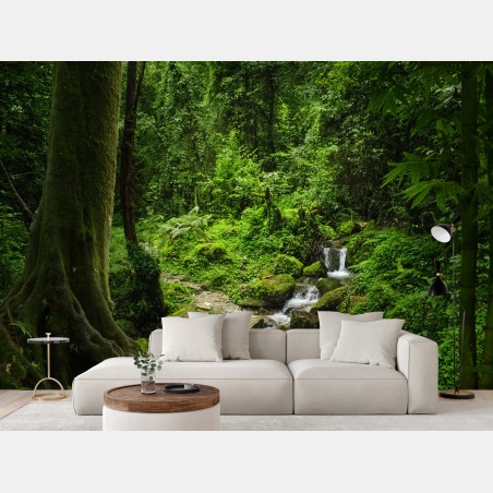 Wall mural lush green forest waterfall • Wallissimo®