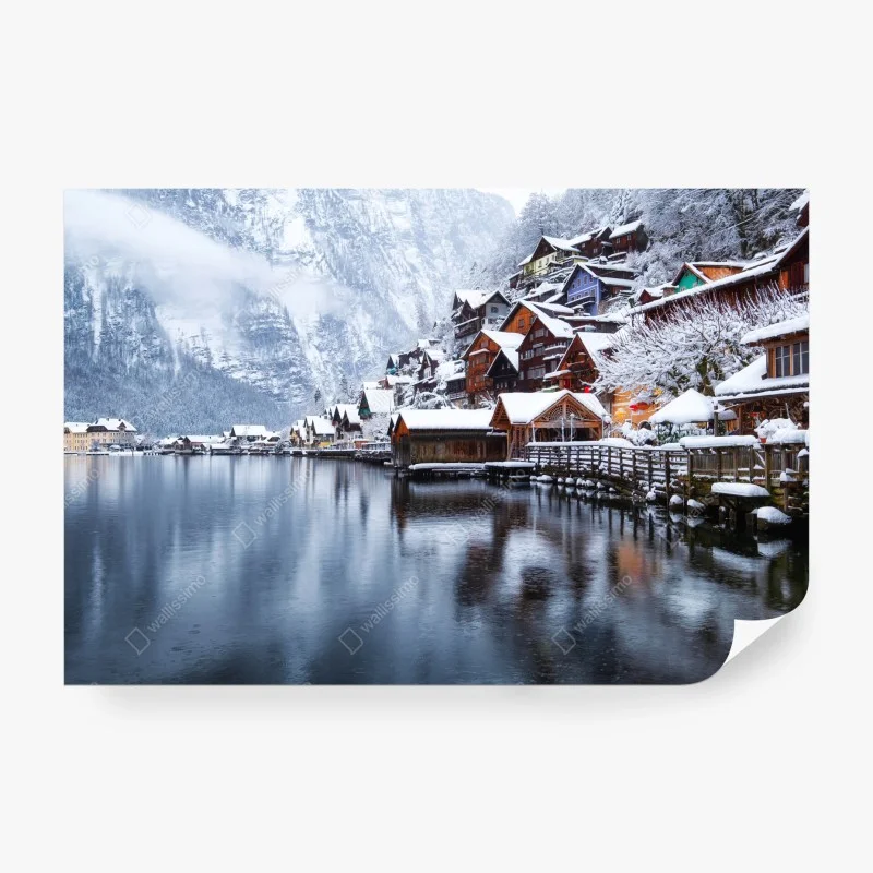 Wall mural snowy Hallstatt village on the lake