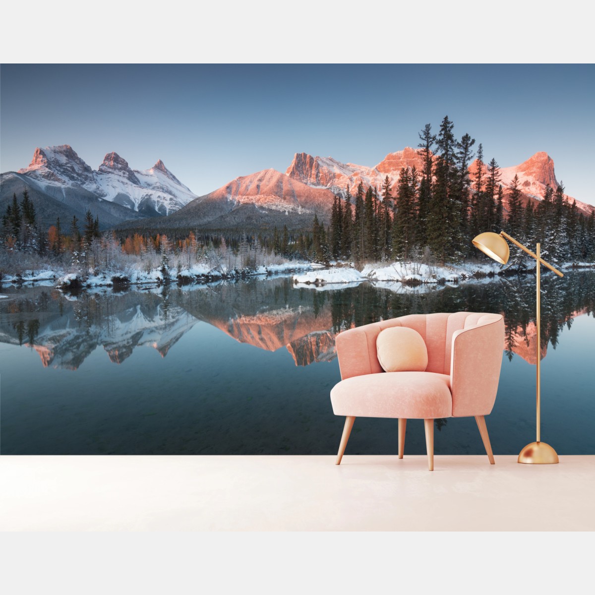 Wall mural sunlit mountain reflection at dawn • Wallissimo®