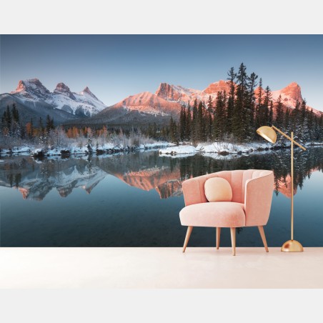 Wall mural sunlit mountain reflection at dawn • Wallissimo®
