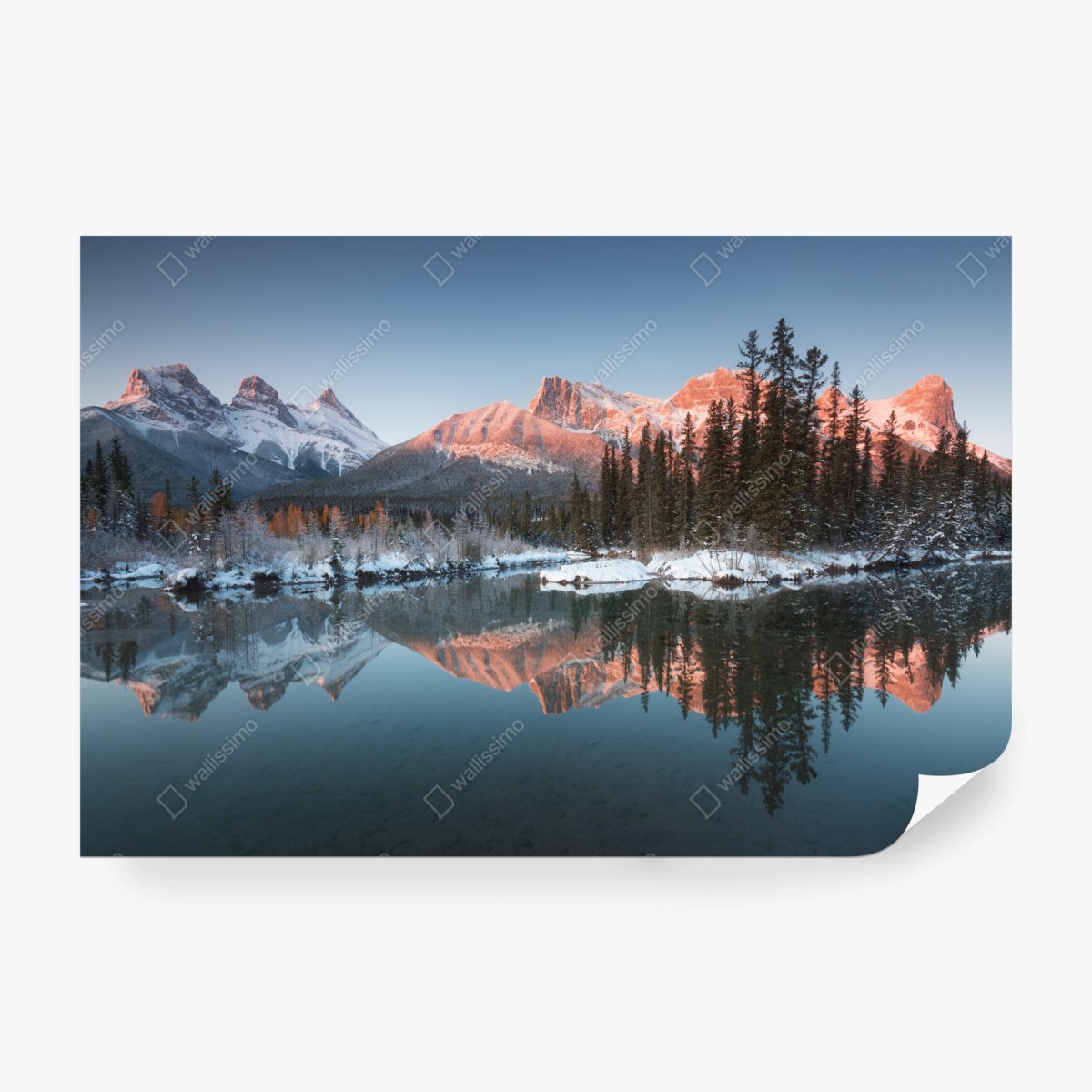 Wall mural sunlit mountain reflection at dawn • Wallissimo®