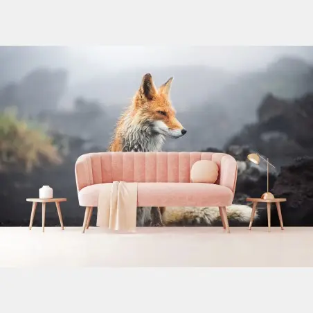 Wall mural red fox in a misty landscape • Wallissimo®
