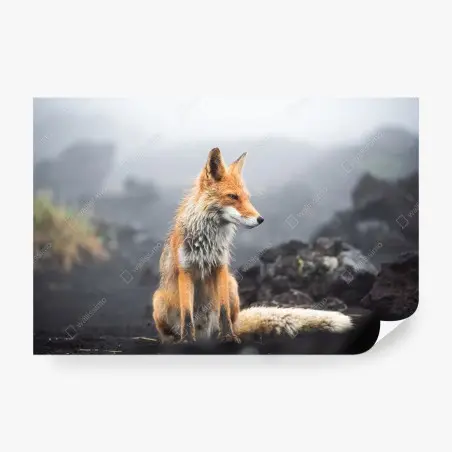 Wall mural red fox in a misty landscape • Wallissimo®