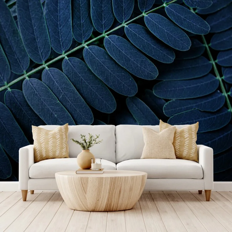 Wall mural blue leaf pattern
