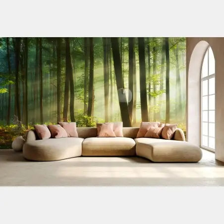 Wall mural sunlit morning in the forest • Wallissimo®