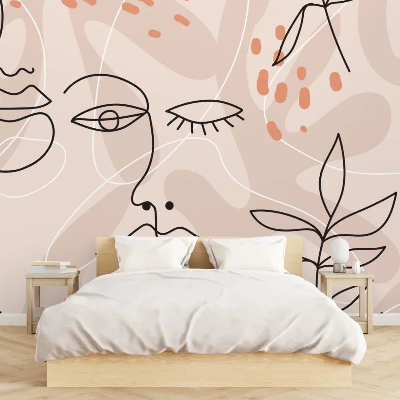 Wall mural soft pastel line art faces