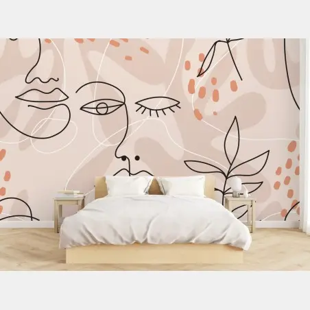 Wall mural soft pastel line art faces • Wallissimo®