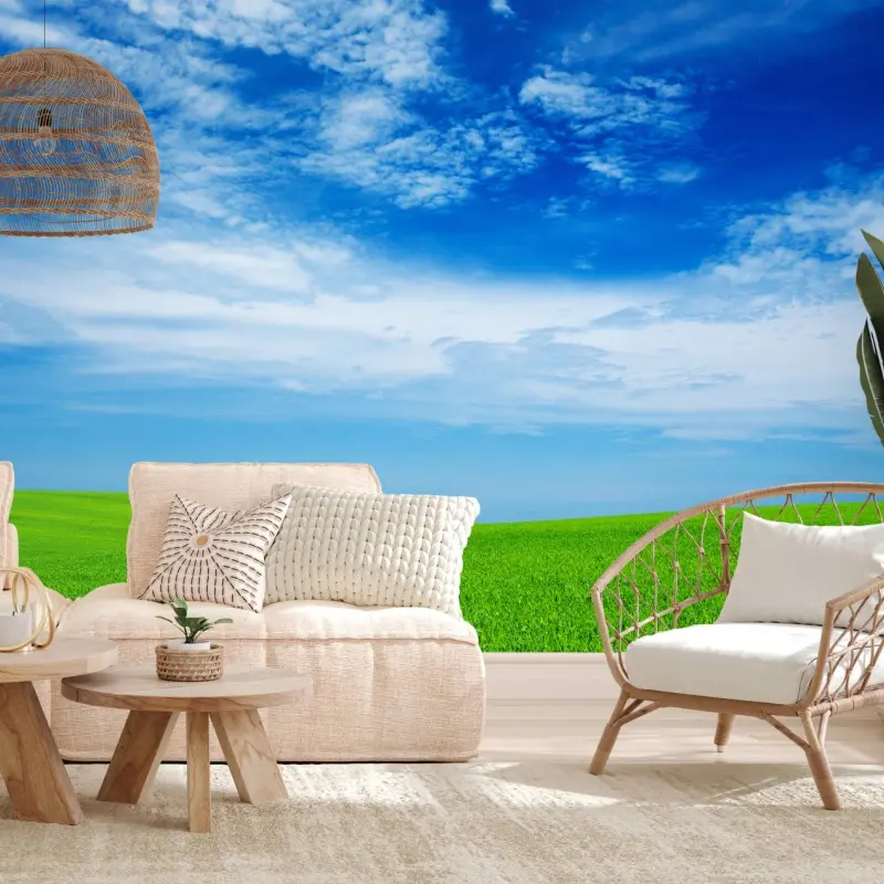 Wall mural rolling green meadow under a bright blue sky