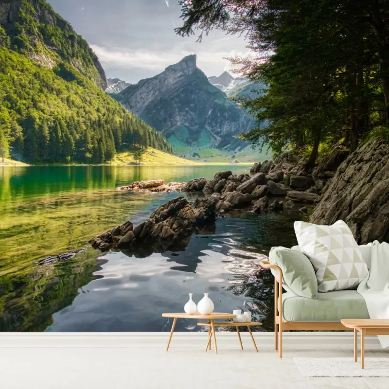 Wall mural serene mountain lake with forest reflections