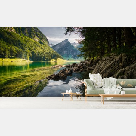 Wall mural serene mountain lake with forest reflections • Wallissimo®