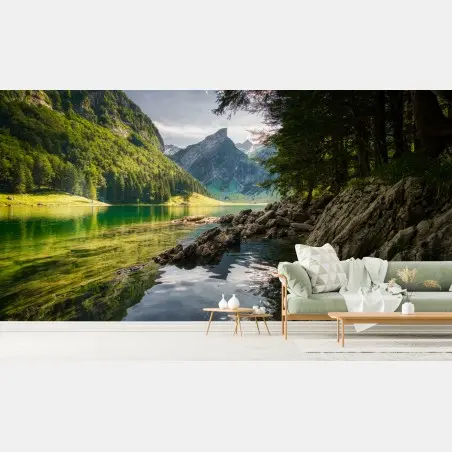 Wall mural serene mountain lake with forest reflections • Wallissimo®