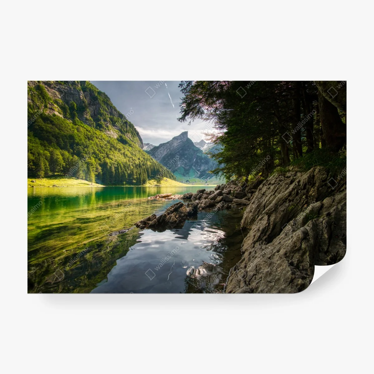 Wall mural serene mountain lake with forest reflections • Wallissimo® Wall mural serene mountain lake with forest reflections • Wallissimo®