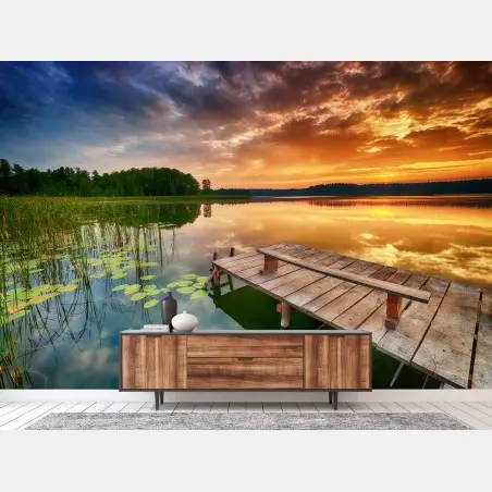 Wall mural golden sunrise over tranquil lake • Wallissimo®