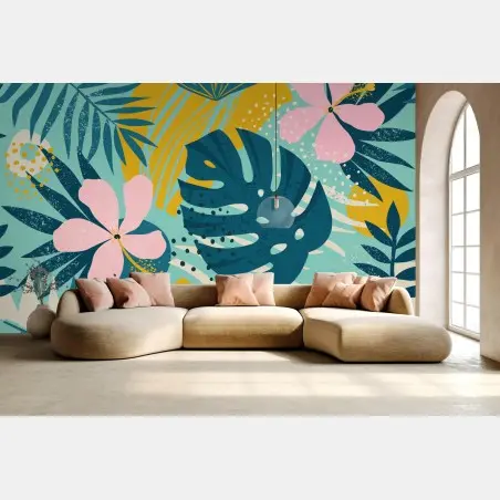 Wall mural tropical leaves and blooms • Wallissimo®