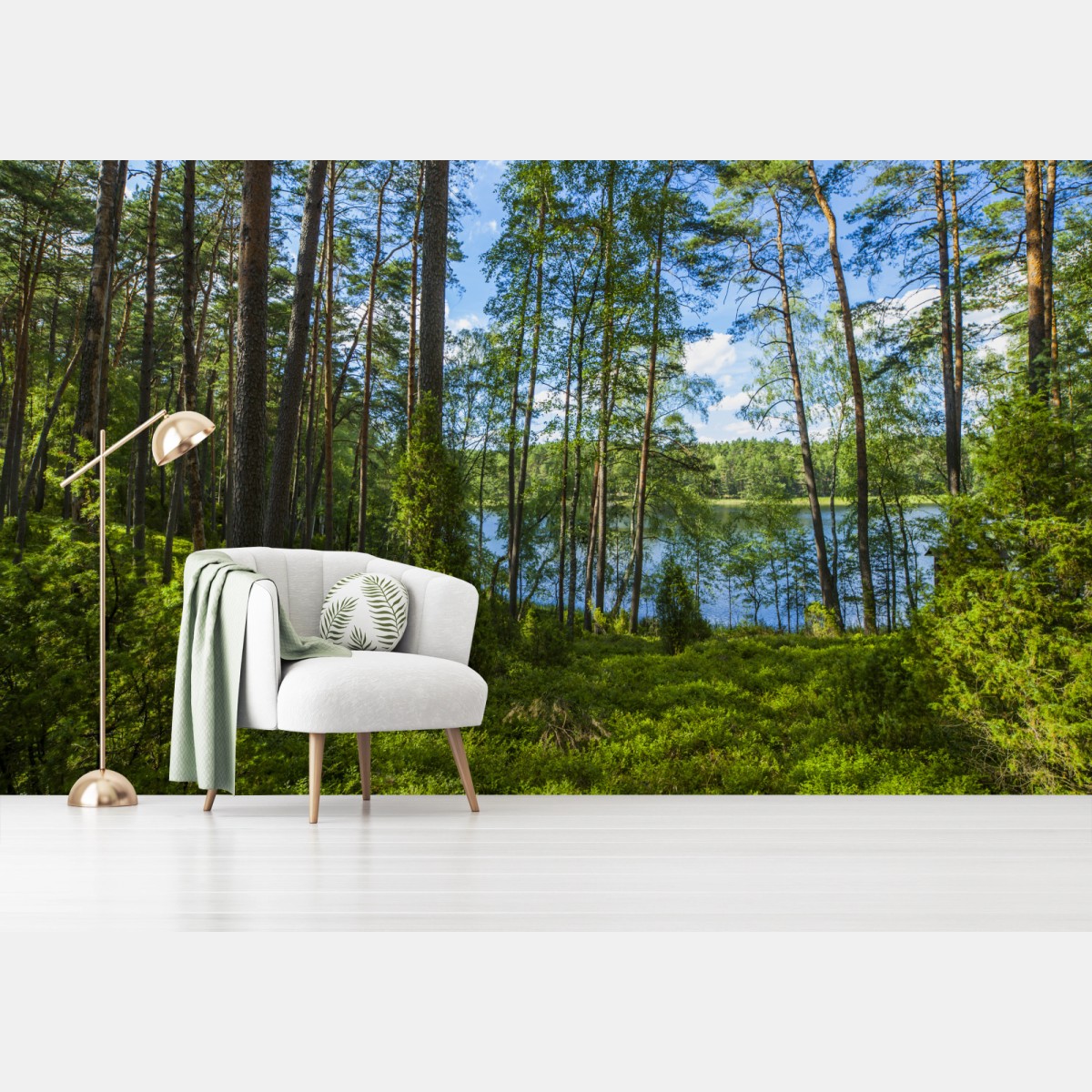 Wall mural tranquil pine forest by the lake • Wallissimo®