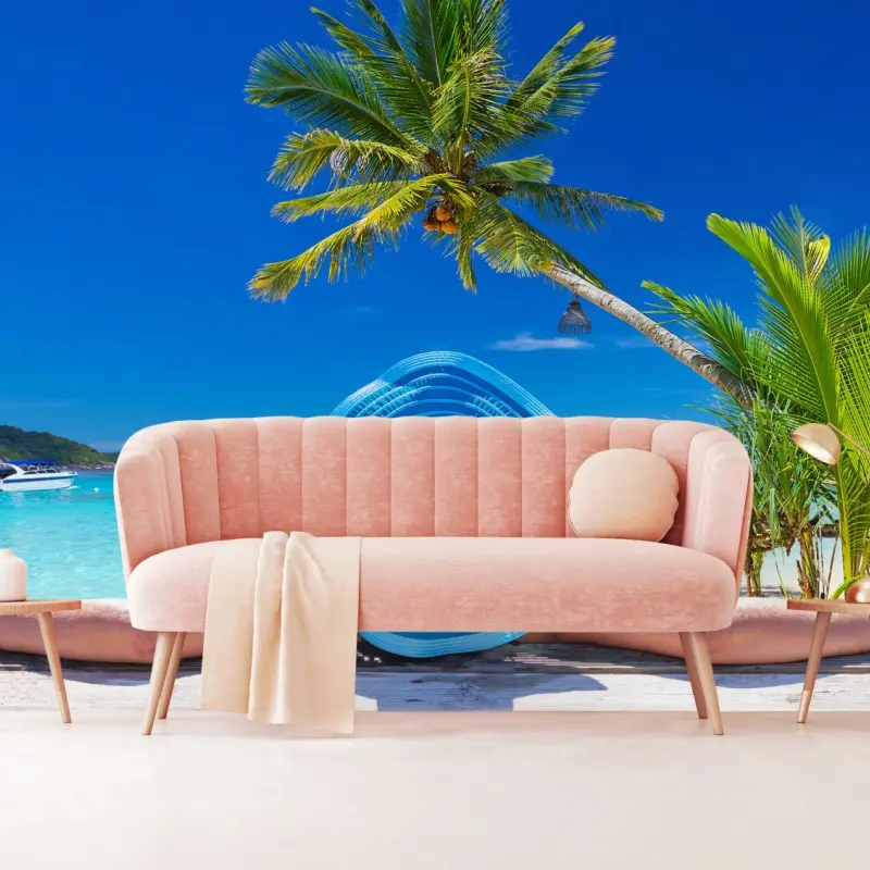 Wall mural tropical beach relaxation with blue sun hat