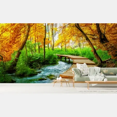 Wall mural golden boardwalk through forest at Plitvice Lakes • Wallissimo®