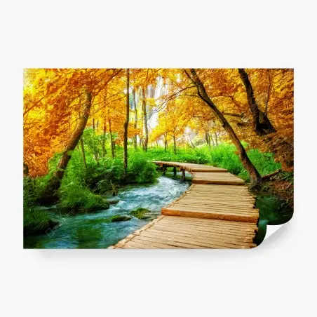 Wall mural golden boardwalk through forest at Plitvice Lakes • Wallissimo®