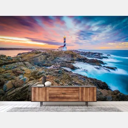 Wall mural sunset at Favaritx lighthouse, Minorca • Wallissimo®