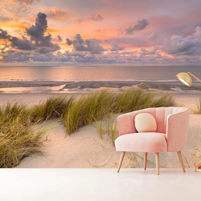Wall mural sunset over Zeeland dunes
