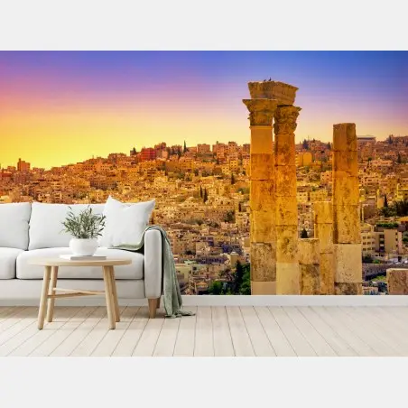 Wall mural golden Amman skyline with ancient columns • Wallissimo®